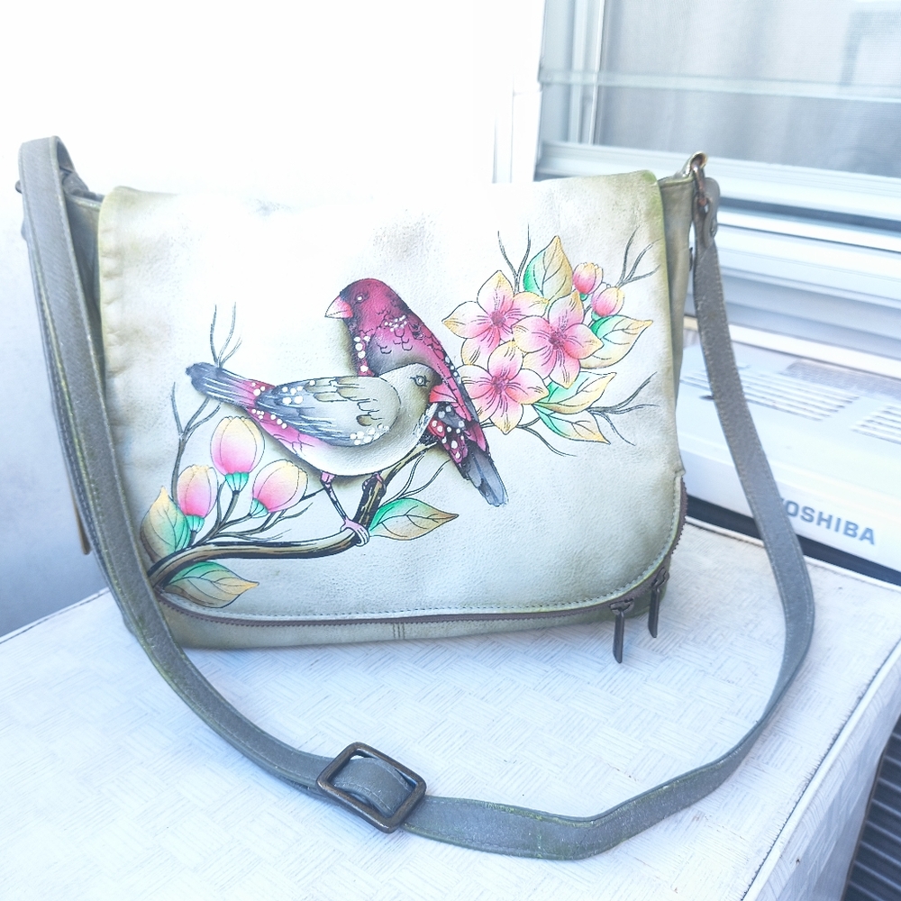 Anuschka RETIRED #585-SMT SUMMER TRYST Hand Painted Birds Satchel Green Leather